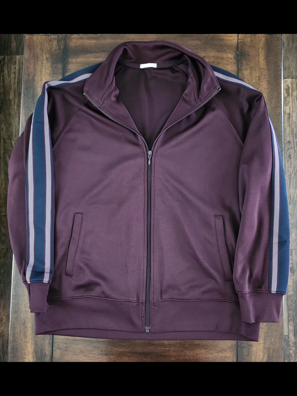 GU Men's Burgundy Zip-Up Track Jacket with Navy Stripe Sleeve Detail